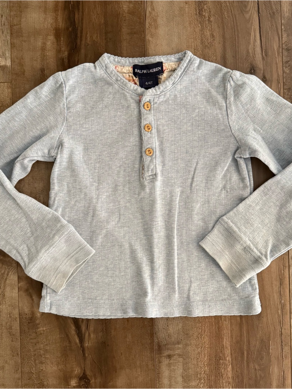 Waffle Knit Henley Shirt Heather Blue Long Sleeve Toddler Ralph Lauren Size 4/4T